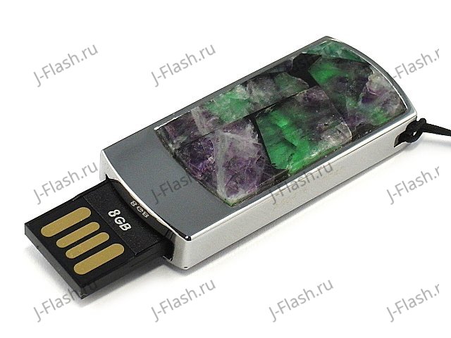 Подарочная флешка в металлическом корпусе с камнем флюорит: USB разъем выдвинут